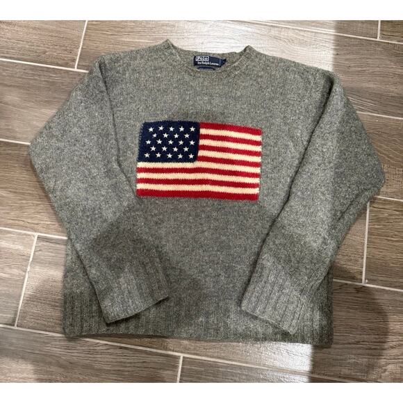 VTG Polo Ralph Lauren 100% Wool Grey American Flag Sweater L - Picture 1 of 5